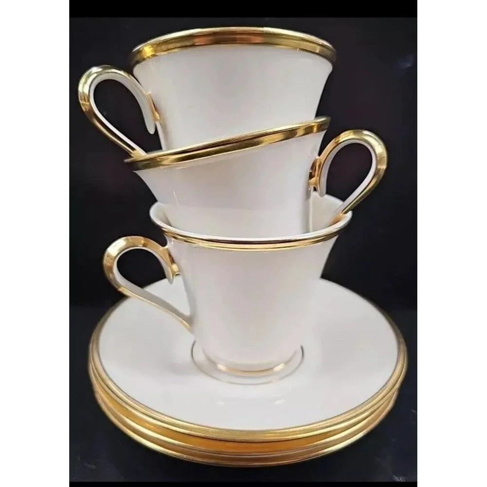 3 Lenox Eternal Cup‎ Saucer Set Dimension Collection Elegant Gold Cream Dish Lot